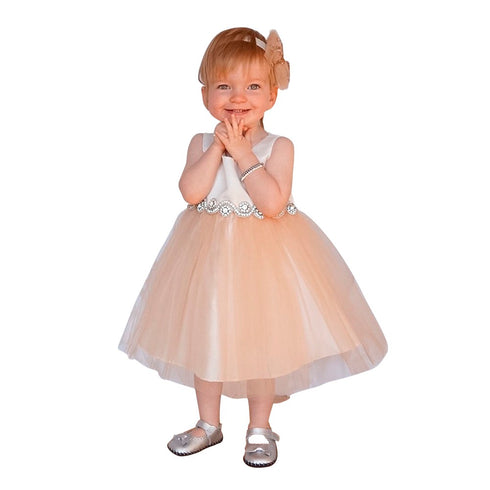 Petite Adele Baby Girls Champagne Satin Tulle Rhinestone Flower Girl Dress 6-24M - SophiasStyle.com